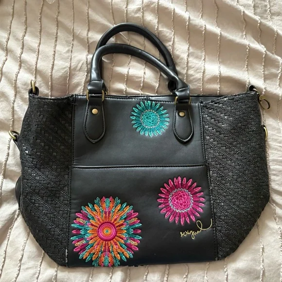 Desigual Embroidered Floral Satchel Tote Bag Black Top Handle Handbag - Picture 3 of 13